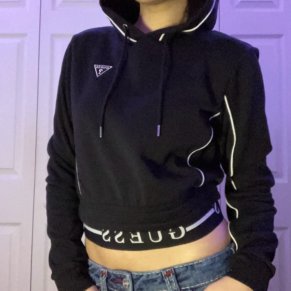 GUESS Black Cropped Hoodie with White Accents